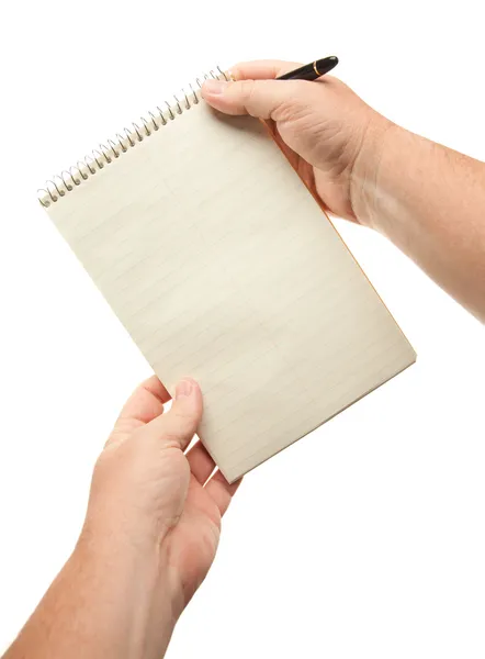 Male Hands Holding Pen and Pad of Paper Stock Photo