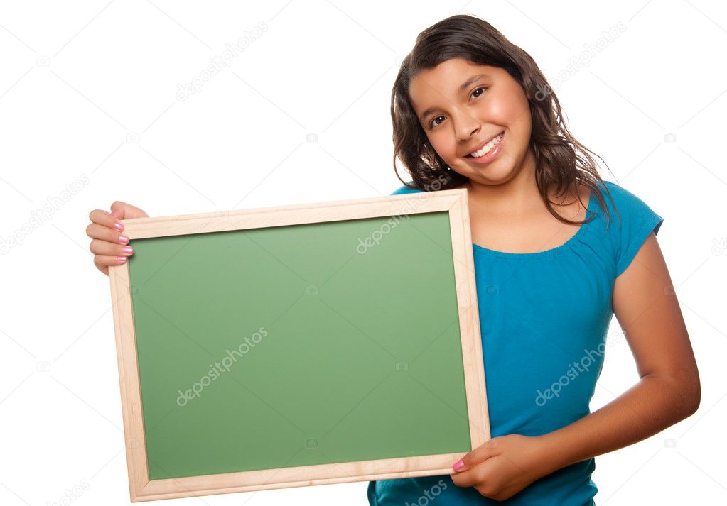 Hispanic Girl Holds Blank Chalkboard