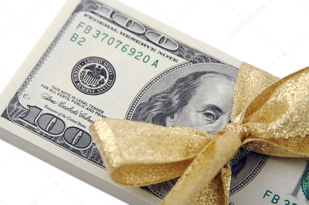 Stack of U.S. Money Wrapped Gold Bow