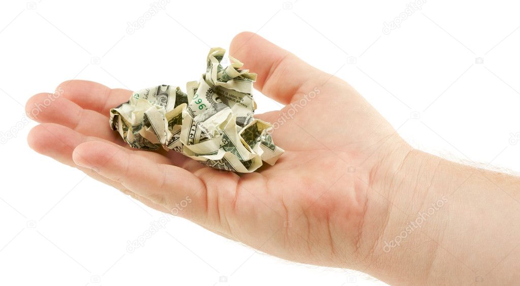Crumpled Dollar Bills In Male Palm