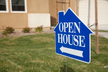 Blue Open House Sign and House Front clipart