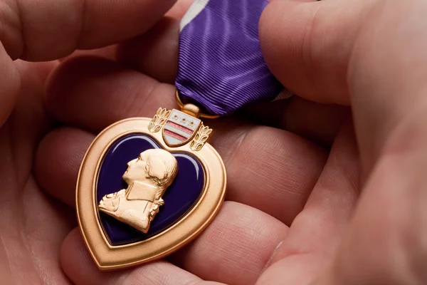 Mężczyzna trzyma purpurowego serca wojny medal — Zdjęcie stockowe