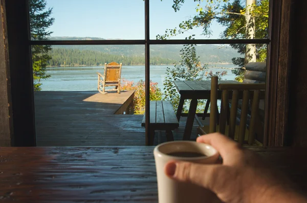 Looking At View, Man Holds Cup of Coffee — Stock Photo, Image