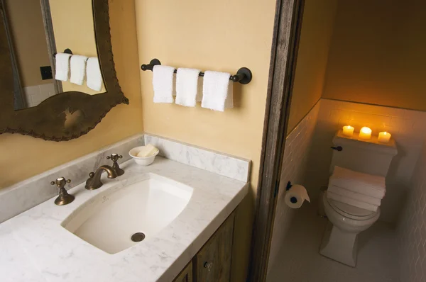 Pia de banheiro rústico e WC cena — Fotografia de Stock