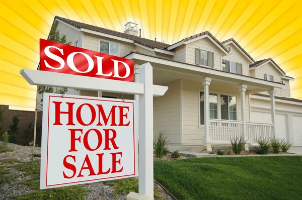 Sold Home For Sale Sign and New House — Stok fotoğraf