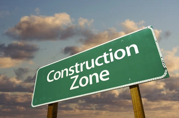 Construction Zone Green Road Sign In Fro — Stock Photo, Image