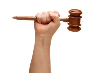 Man Holding Wooden Gavel in His Fist Iso clipart