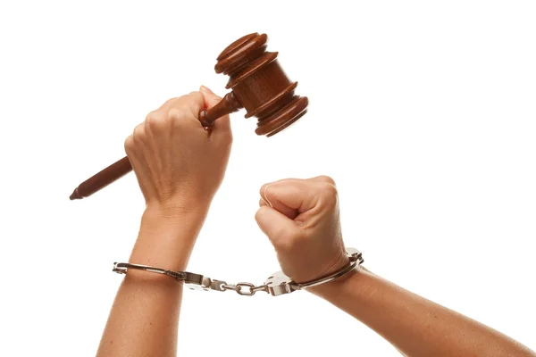 Handcuffed Woman Holding Wooden Gavel — Stock Photo, Image