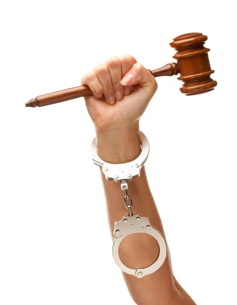 Handcuffed Woman Holding Wooden Gavel — Stock Photo, Image