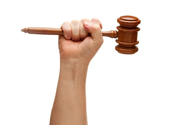 Man Holding Wooden Gavel in His Fist Iso — Stock Photo, Image