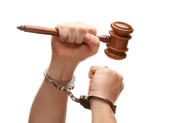 Handcuffed Man Holding Wooden Gavel — Stock Photo, Image