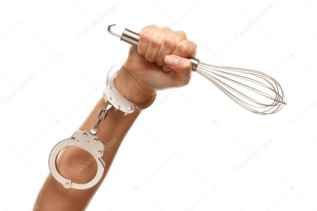 Handcuffed Woman Holding Egg Beater