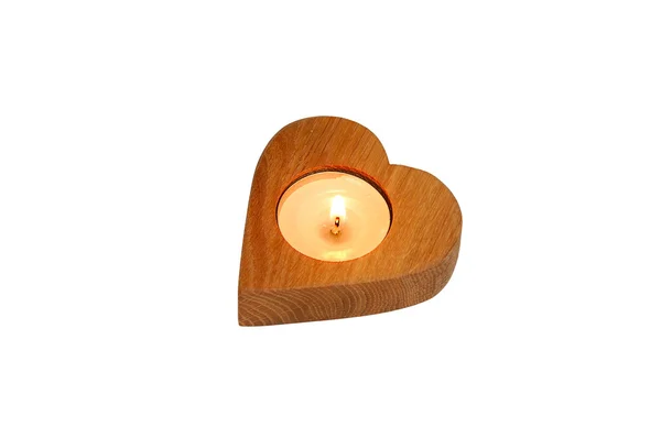 Isolated wooden heart candlestick — Stock Photo, Image