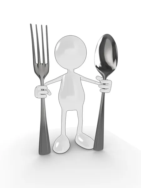 Homme 3d avec fourchette et cuillère — Photo