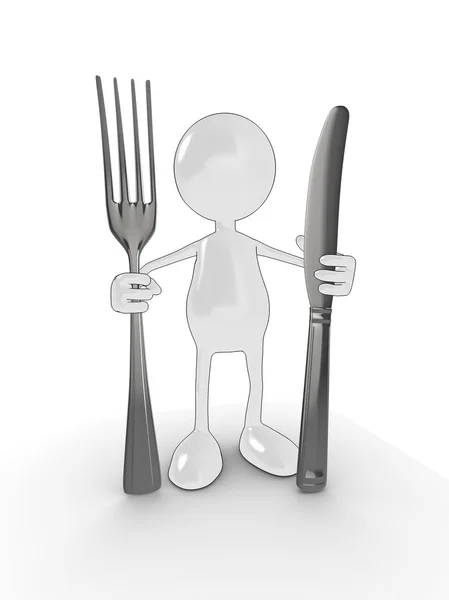 stock image 3d man with knife and fork.