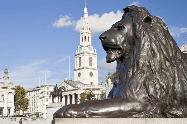 Statue of a lion in Trafalgar Square in London — Stock Photo, Image