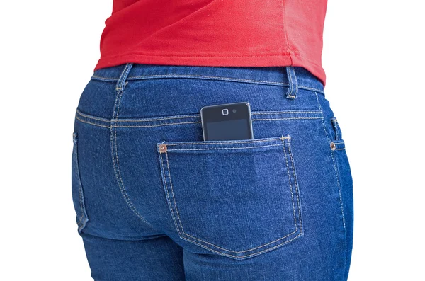 Mobiltelefon som sticker upp ur en ficka — Stockfoto