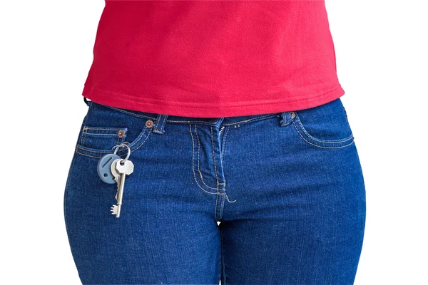 Mujer con llaves en el bolsillo — Foto de Stock