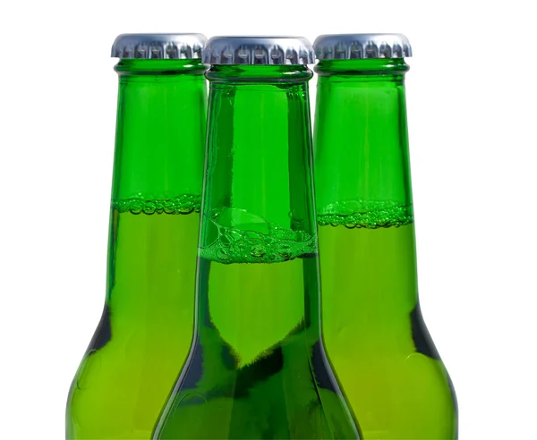 Τρεις Πράσινη beer φιάλες — Φωτογραφία Αρχείου