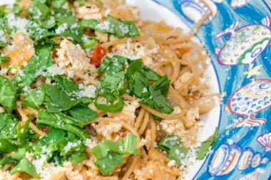 soya peyniri, peynir, domates, karnabahar spagetti