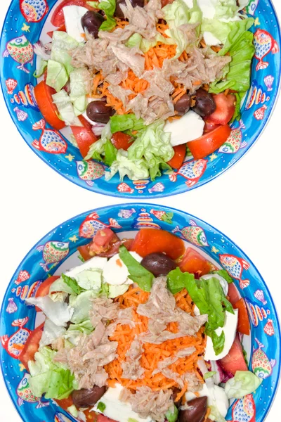 Mélanger la salade avec la mozzarella, le thon et les olives — Photo
