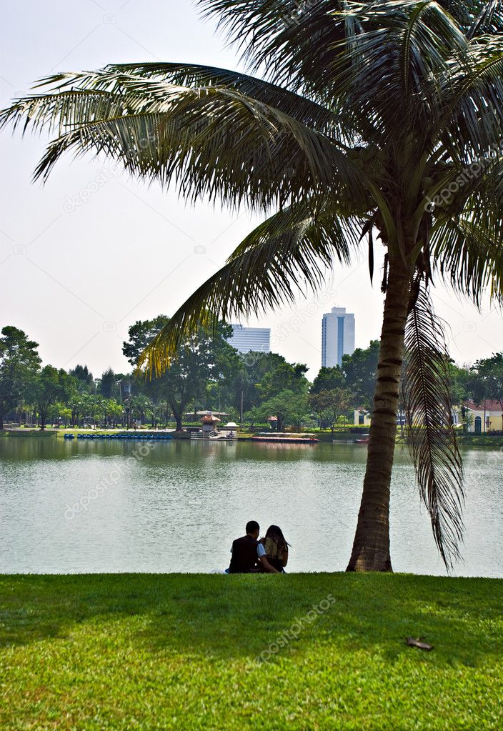 Couple under palm tree.