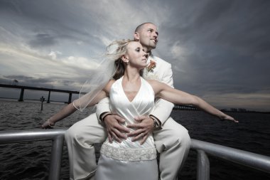 Newlywed couple posing by the water clipart