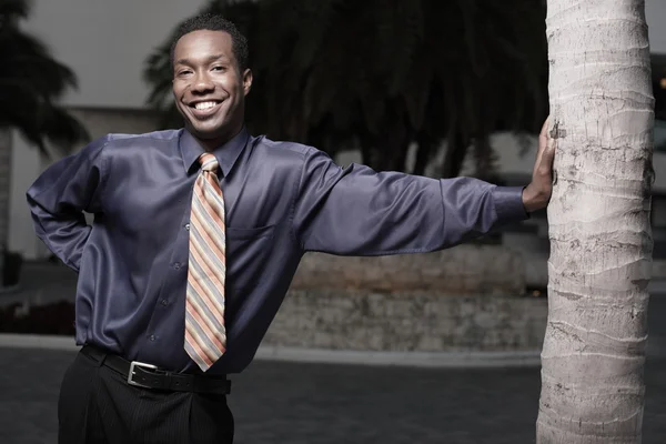 Junger afrikanisch-amerikanischer Geschäftsmann lehnt an einem Baum — Stockfoto