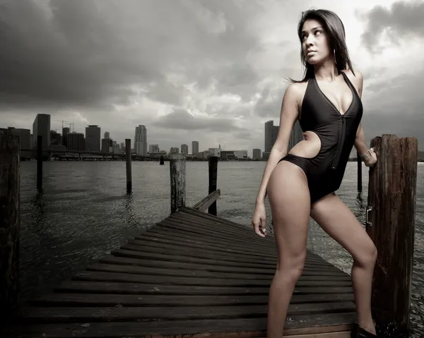 Sexy žena pózuje v doku — Stock fotografie