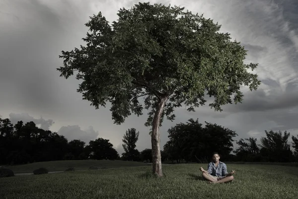 stock image Boy meditating under a tree