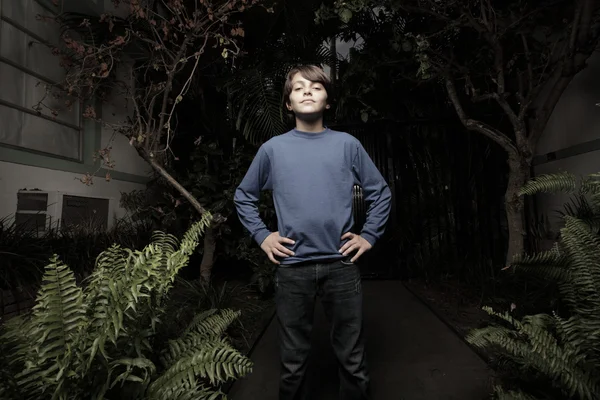 Young boy in a garden at night — Stock Photo, Image