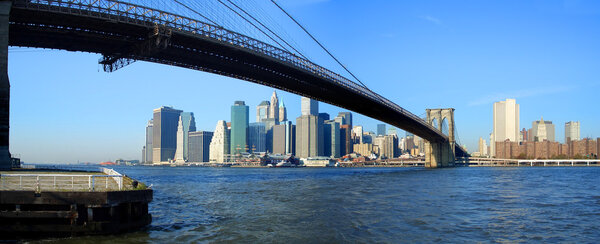 Panoramic view of Brooklyn bridge, lower Manhattan and financial district, New York