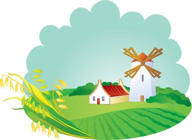 Rural backgroung with windwill and ears clipart