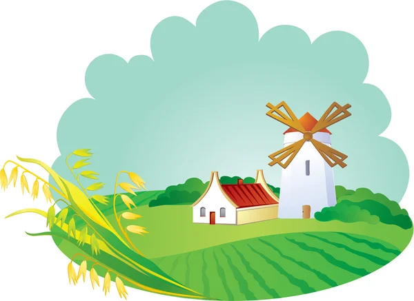 Rural backgroung with windwill and ears — Stock Vector