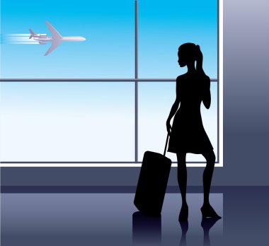 Girl with baggage in airport clipart