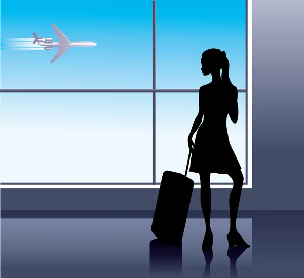 Girl with baggage in airport — Stock Vector