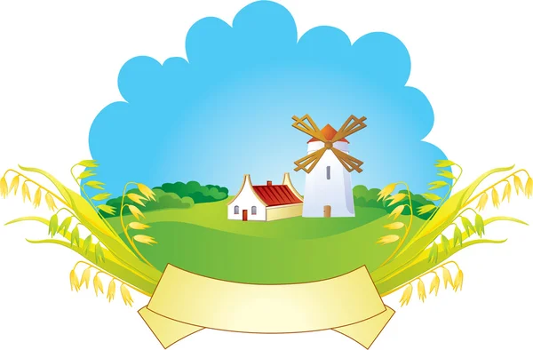 Pequena aldeia com moinho de vento — Vetor de Stock