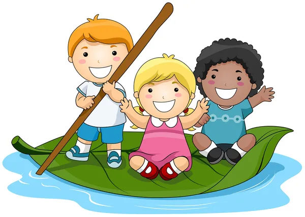 Children on Leaf Boat — Stock Vector