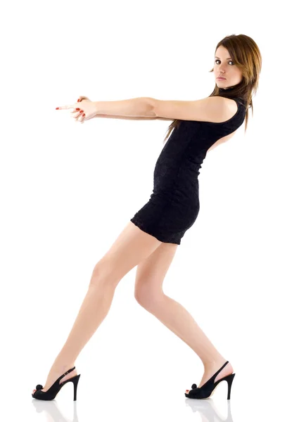 Seminude girl aiming with two hands — Stock Photo, Image