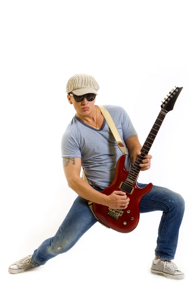 그의 전기 기타 연주 기타 — 스톡 사진