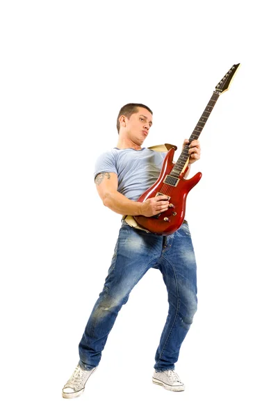 Gitarrist spielt isoliert auf Weiß — Stockfoto