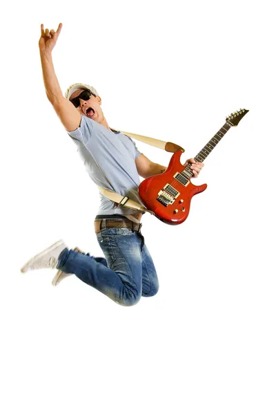 Guitarrista salta isolado em branco — Fotografia de Stock