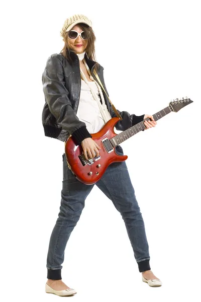 Fille avec guitare électrique rouge — Photo