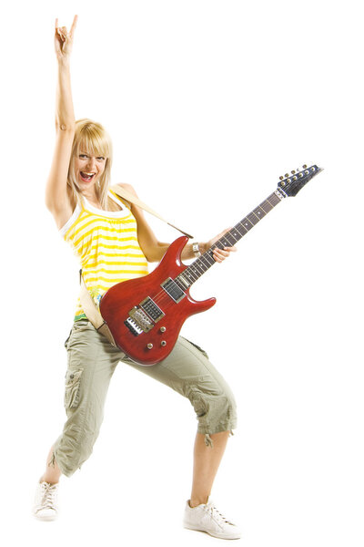 Woman guitarist with hand in the air