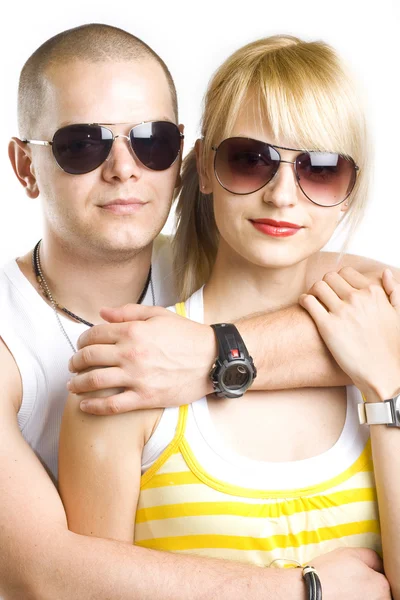 Young casual couple with sunglasses — Stock Photo, Image