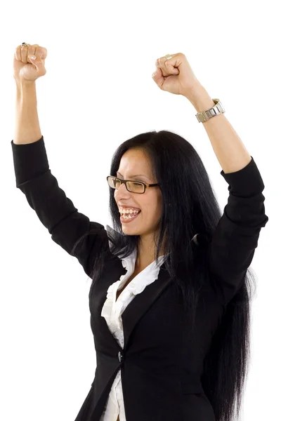 Mujer de negocios levantando brazos — Foto de Stock