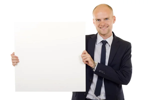 Forretningsmann med hvitt kort – stockfoto
