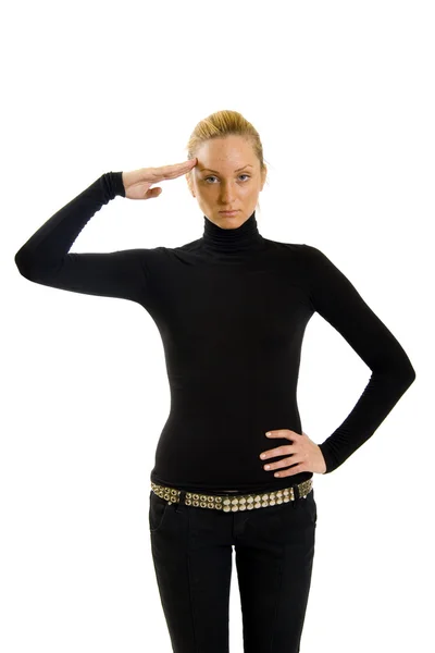 Attractive girl in black saluting — Stock Photo, Image