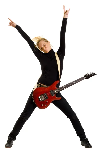Mulher guitarrista com as mãos no ar — Fotografia de Stock