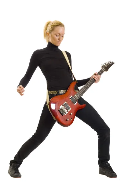Lány piros elektromos gitár — Stock Fotó